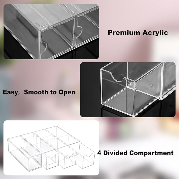 Hipiwe Acrylic Sunglasses Organizer, 2 Pack Glasses Case Multiple Pairs Eyeglass Storage Organizer Sunglass Display Case with 4 Drawer Acrylic Storage Drawers for Jewelry Watch