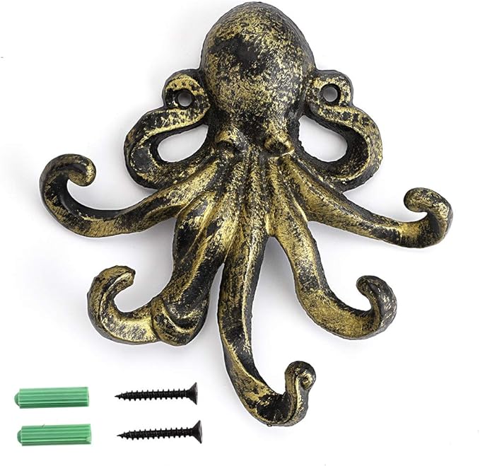 Sumnacon 6 Inch Cast Iron Octopus Decorative Coat Hook - Wall Mounted Nautical Hand Towel Rack Holder with Screws, Rustic Metal Clothing Hanger for Bedroom/Bathroom/Kitchen/Balcony, Green Bronze