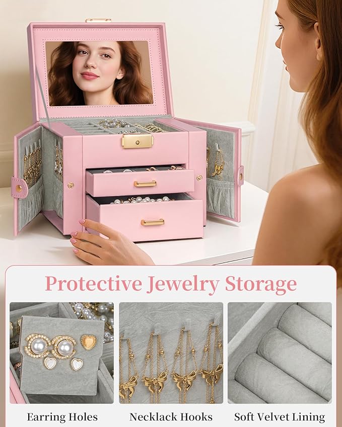TORIBIO Jewelry Box for Women, Leather Jewelry Organizer with Mirror & Lock, 3-Tier Jewelry Storage Organizer with 2 Drawers for Girls/Women/Mothers, Necklace Earring Bracelets Holder Organizer