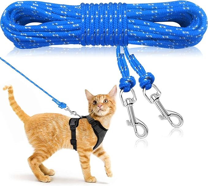 Rypet Reflective Cat Long Leash - 50 FT Escape Proof Walking Leads Yard Long Leash Durable Safe Personalized Extender Leash Traning Play Outdoor for Kitten, Puppy, Rabbit and Small Animals