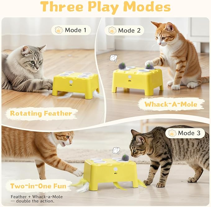 Interactive Cat Toy for Indoor Cats, 3 Modes Feathers Toy, Rechargeable 4 Holes Mole Cat Toys, Cheese Box for Kitten, 4 Accessories (Yellow)