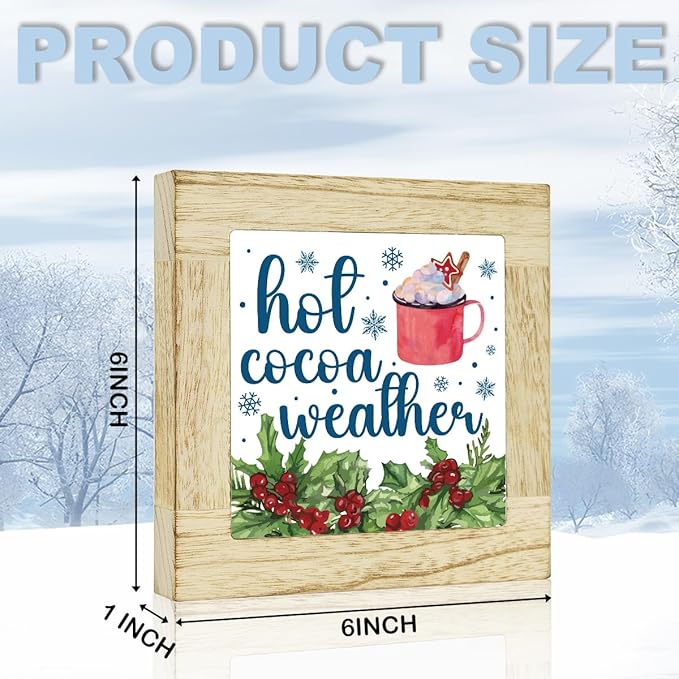Winter Hot Cocoa Bar Sign Winter Christmas Kitchen Decor for Home Table Christmas Hot Cocoa Bar Decorations for Desk 6 x 6 inches