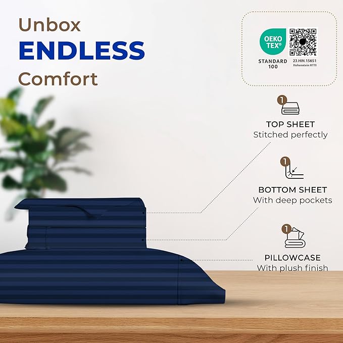 THREAD SPREAD Luxury Egyptian Cotton Twin Stripe Sheet Set - 600 Thread Count Extra Long Staple 3 PC Set, Twin Damask Sheets, Soft, Cooling Sateen Weave Striped Sheets Upto 18" Deep Pocket - Navy Blue