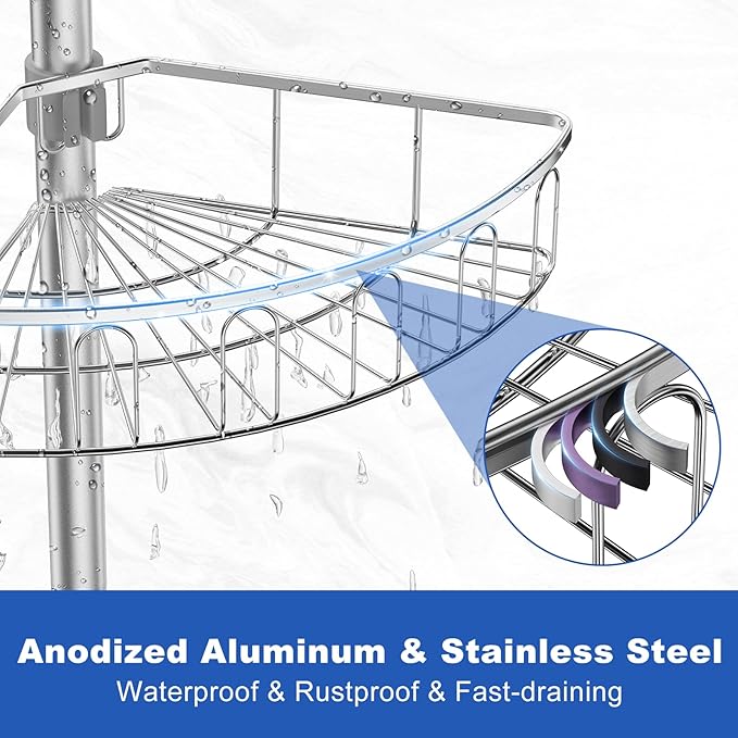 Corner Shower Caddy Tension Pole: Aluminum Shower Caddy Rod with Stainless Steel 4 Adjustable Rustproof Shelves Organizer for Bathroom, 47-121 inch, No Drilling, Quick Installation, Heavy Duty