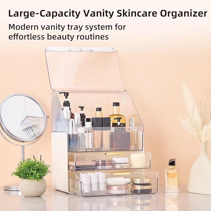Large Cosmetic Organizer Fully Transparent with Drawers, Dustproof Waterproof Bathroom Counter Storage for Skincare Lipstick Makeup Brushes(White)