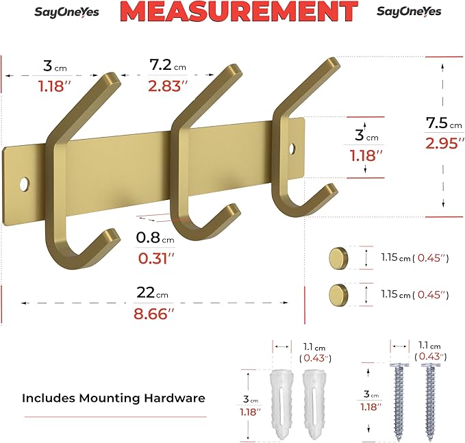 Brushed Gold Small Coat Rack Wall Mount – 9 Inch Stainless Steel Rail with 3 Double Coat Hooks for Entryway, Bathroom, Bedroom, Kitchen – Modern Gold Hook Rack for Coats, Hats, Towels