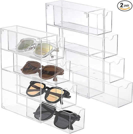 Hipiwe Acrylic Sunglasses Organizer, 2 Pack Glasses Case Multiple Pairs Eyeglass Storage Organizer Sunglass Display Case with 4 Drawer Acrylic Storage Drawers for Jewelry Watch