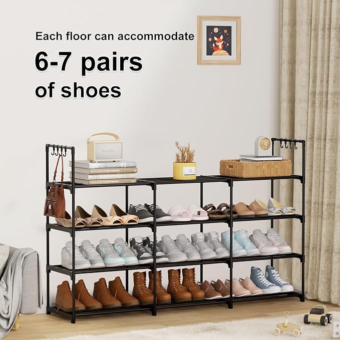 3-Row 4-Tier Shoe Rack, Black Metal Stackable Shoe Shelf with Multifunctional Hooks, Hold 24-30 Pairs, Space Saving Shoes Organizer for Closet,Show Rack