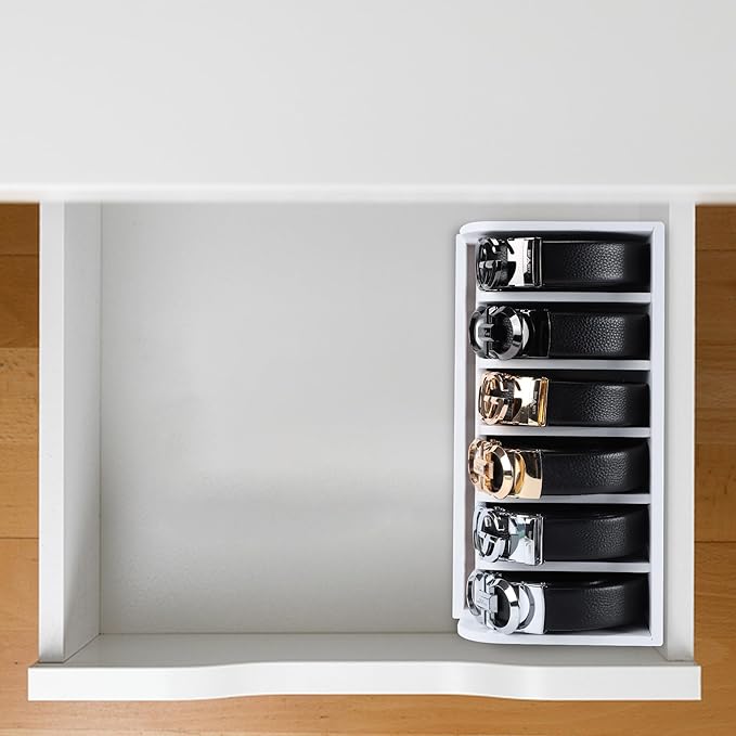 MinBoo Bamboo Belt Rack, 6-Compartment Belt Organizer and Displayer for Closet and Drawer, Men and Women (White)