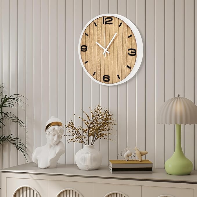 12 Inch Round Wall Clock Wooden - Battery Operated Silent Decorative Analog Clocks for Apartment, Bedroom, Kitchen, Entryway, Classroom - Fits Farmhouse/Modern Home Styles