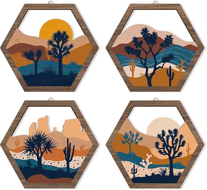 HPNIUB 4 Pcs Boho Mountains Scenery Wall Art Decor, Farmhouse Abstract Sunrise Trees Desert Cactus Hanging Wood Sign for Living Room, Aesthetic Bohemian Botanical Wooden Plaque for Apartment Bedroom(11''x9.8'')