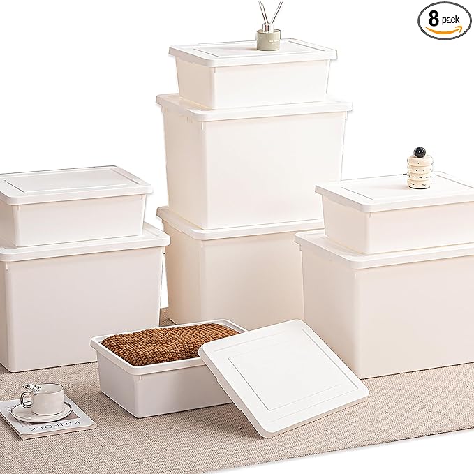 10gal+3gal Large capacity White multifunction storage bin with lid, Set of 8 Stackable Plastic Boxes with Handles, Office，Garage，Home, for Organizing Snacks, Crafts, Legos, Tools,books （4XXXL+4L