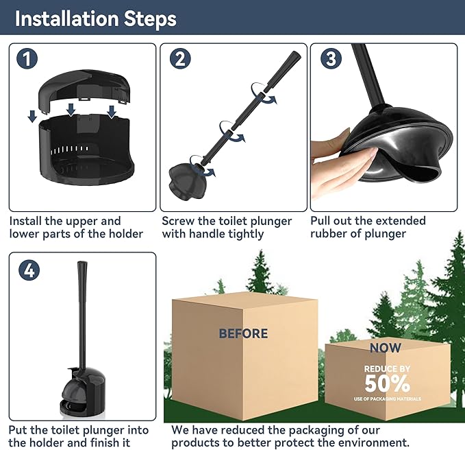 TRENTI Toilet Plunger with Holder, Plunger with Holder for 5.3-inch Toilet Drain, Plungers for Bathroom with Holder, Toilet Plunger Heavy Duty (1, Black)