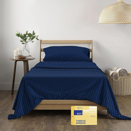 THREAD SPREAD Luxury Egyptian Cotton Twin Stripe Sheet Set - 600 Thread Count Extra Long Staple 3 PC Set, Twin Damask Sheets, Soft, Cooling Sateen Weave Striped Sheets Upto 18" Deep Pocket - Navy Blue