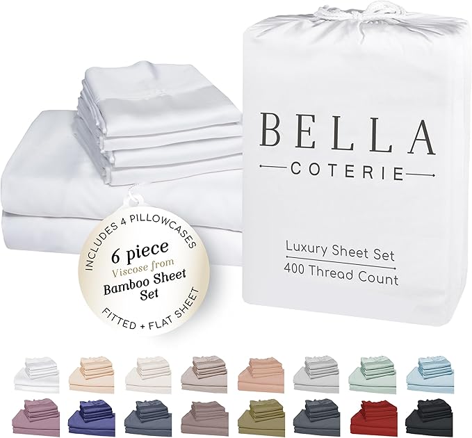 Bella Coterie 6 Piece Luxury Bamboo Viscose Queen Size Sheet Set | 100% Organically Grown | Cooling for Hot Sleepers | 18" Deep Pocket | Soft & Hypoallergenic | 4 Pillowcases [White]