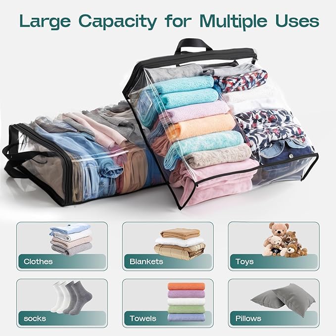 10PACK Clear Zippered Storage Bag for Clothes, 22L Clear Storage Bags, and Blanket Storage Bags for Bedding, Linen, Blankets, Comforters, Clothing & Toys (Black)