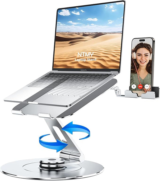 NTMY Adjustable 360 Rotating Laptop Stand with Phone Holder, Foldable for Desk, Ergonomic Fits MacBook, All Notebooks up to 17.3 inches