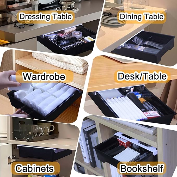 Under Desk Drawer Organizer, Attachable Slide Out Storage Drawers, Hidden Desktop Organizers, Self-Adhesive Table Storage Accessories for Home Office and School (Black)