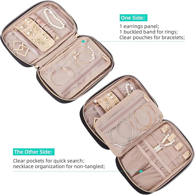 NISHEL Travel Jewelry Case, Holiday Organizer for Necklaces, Earrings, Rings, Bracelets, Watch, Black