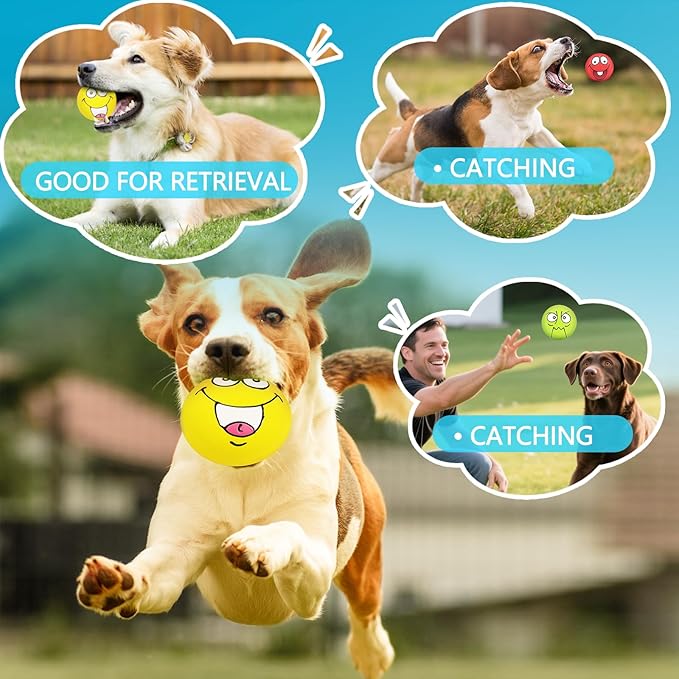 4 Pack 2.8" Smiley Face Squeaky Dog Toys Soft Dog Balls Latex Rubber Squeak Dog Toys for Small Medium Puppy Pet Dogs (Flat Ball)