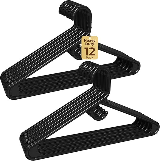 HOUSE DAY Quality Plastic Clothes Hangers 12 Pack – Super Heavy Duty 20lb Capacity Thick Strong Closet Hangers Black for Adult Clothing – Durable for Coats, Jackets, Jeans, Pants