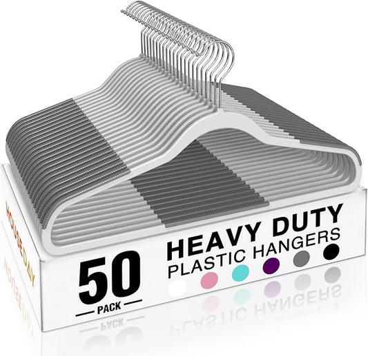 HOUSE DAY Heavy Duty Plastic Hangers 50 Pack, Non Slip Clothes Hangers with Rubber Grip and 360° Hook - Thin Plastic Hanger Space Saving - Coat Hanger Grey, Closet Organizer for Shirt, Pants, Suit