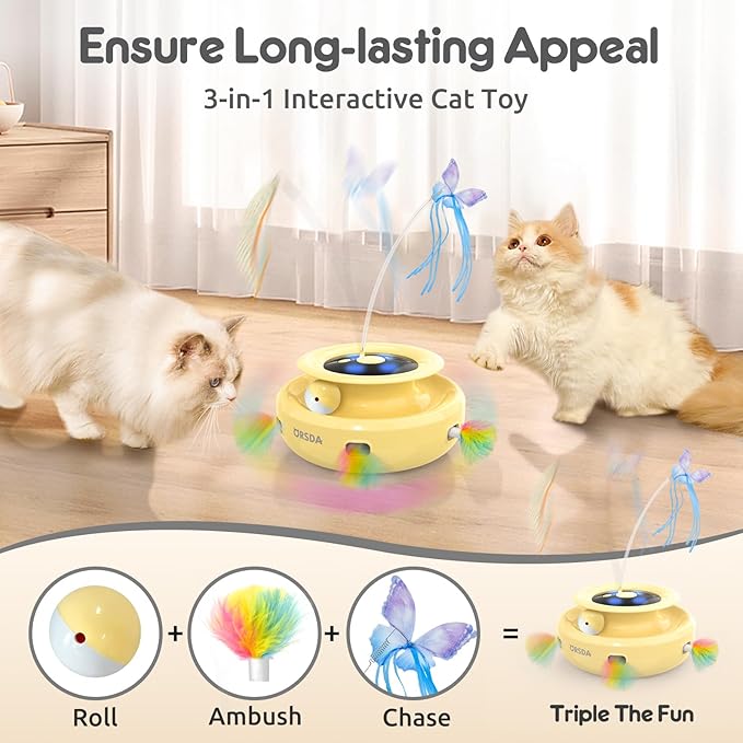 ORSDA Cat Toy, 3-in-1 Automatic Interactive Electronic Moving Ambush Feather, Fluttering Butterfly, Track Balls, USB Rechargeable Powered Smart Indoor Exercise Kicker