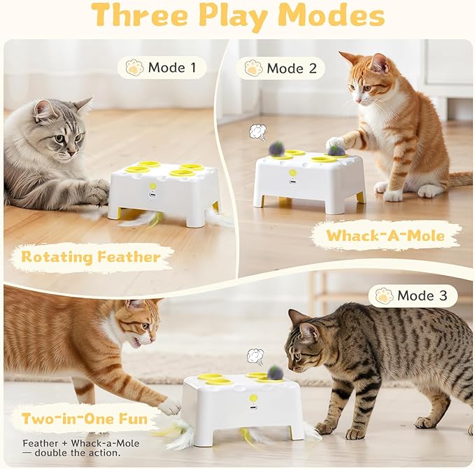 Interactive Cat Toy for Indoor Cats, 3 Modes Feathers Toy, Rechargeable 4 Holes Mole Cat Toys, Cheese Box for Kitten, 4 Accessories (White)