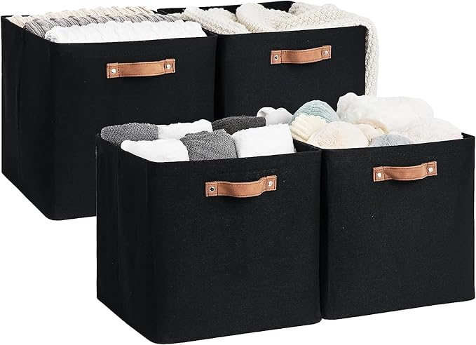 StorageWorks 13x13 Inches Storage Cube, Fabric Storage Bins with PU Handles, Collapsible Organizer Baskets for Closet, Black, 4-Pack