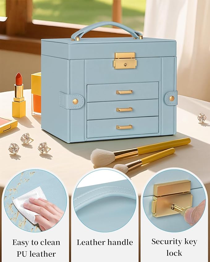 TORIBIO Jewelry Box for Women, Leather Jewelry Organizer with Mirror & Lock, 4-Tier Jewelry Storage Organizer with 3 Drawers for Girls/Women/Mothers, Necklace Earring Bracelets Holder Organizer