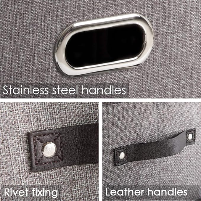 PRANDOM Fodable Storage Bins for Closet [3-pack] Decorative Fabric Storage Baskets Cubes with Leather/Metal Handles for Shelves Bedroom Living Room Grey (11.5x8.5x6.7 Inch)