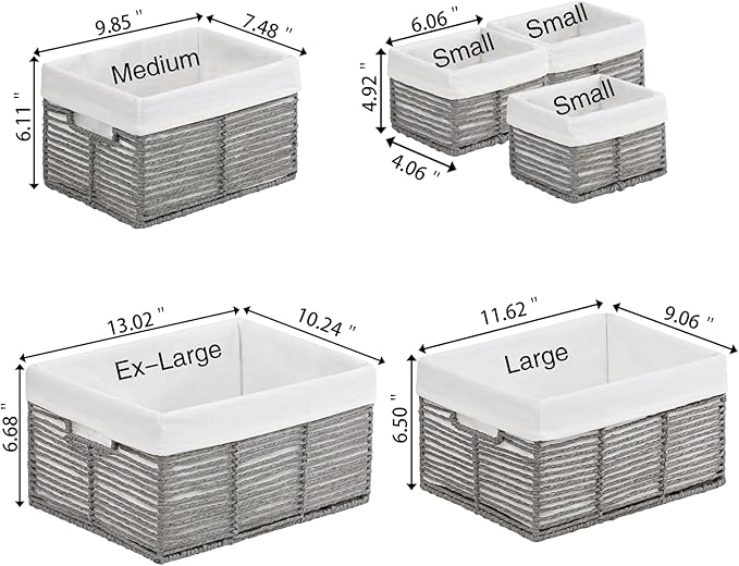 Vagusicc Wicker Storage Basket, 6 Pack Baskets for Organizing, Wicker Baskets with Handle, Rectangular Wicke Basket for Storage Shelves, Cube Storage Bins for Closet/Clothes/Dresser, Grey