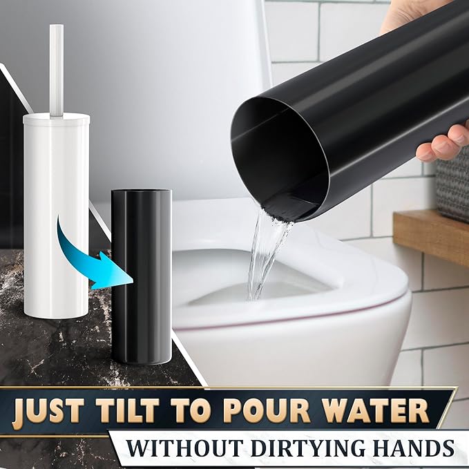 Stainless Steel Toilet Brush and Holder Set White - Long Handle Toilet Bowl Cleaner Brush and Holder - Removable Inner Liner, Shiny Design, Splash Protection & Dense Bristles for Bathroom Cleaning