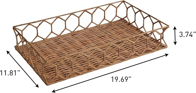 happimess TRY1001B Honeycomb 19.75" Rustic Bohemian Hand-Woven Rattan Tray for Storage,Decoration, Display, Coffee Table or Serving Food, Light Brown