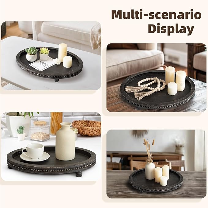 2 Piece Oval Black Wooden Serving Tray Set with Beaded Design, Centerpiece Table Decorations Tray for Living Room Ottoman, Coffee Table Tray for Farmhouse Home Decor