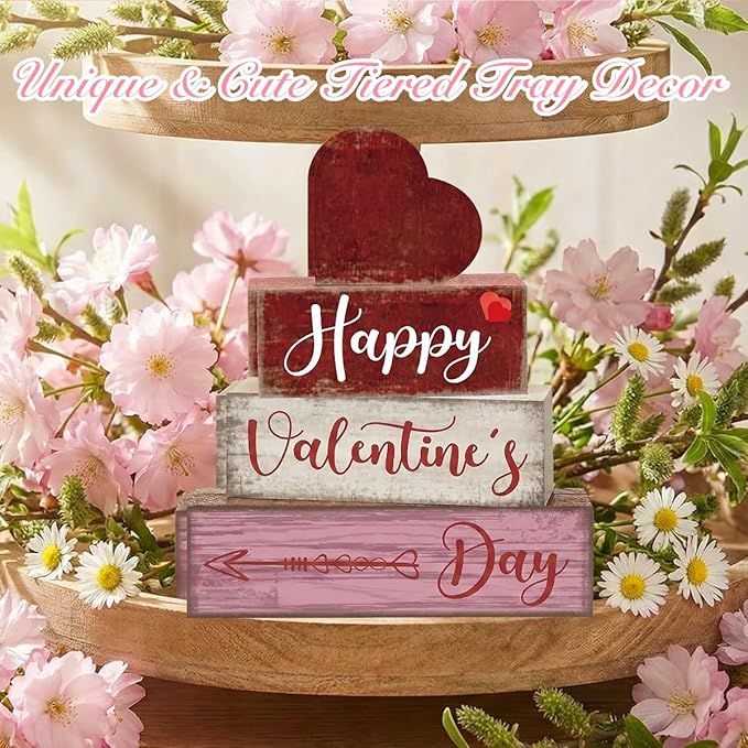 4 Pcs Happy Valentine's Day Sign Tiered Tray Decor Valentines Sign Tabletop Decor Decorations for Home Office Desk Table Art Desk Accessories
