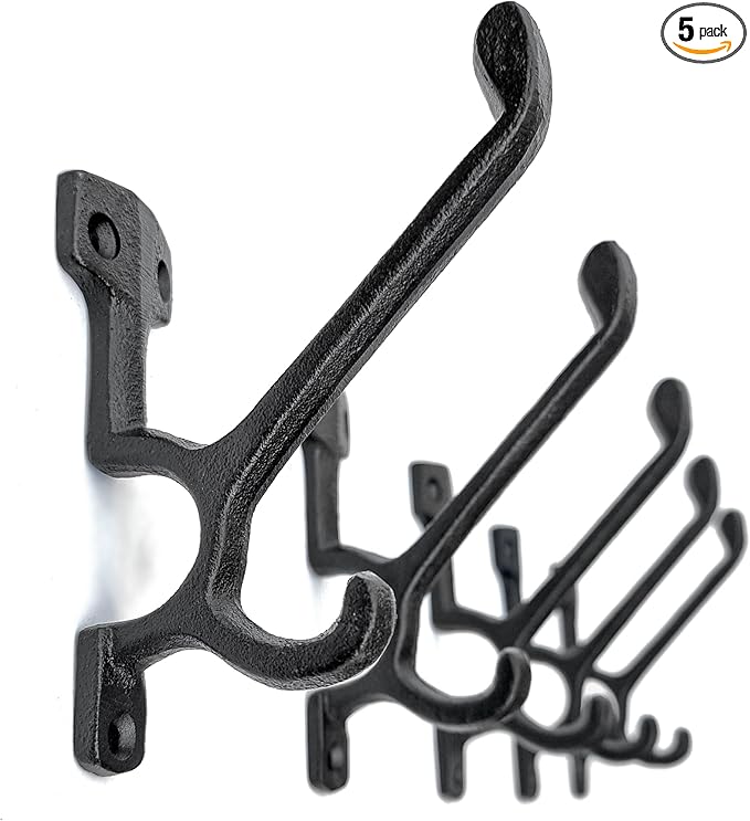 5 Pack Decorative Cast Iron Heavy Duty Double Hooks, Wall Mounted Coat Hooks, Vintage Inspired (Antique Black) (Type-7 Type)