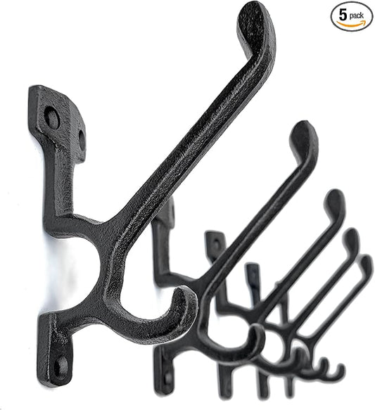5 Pack Decorative Cast Iron Heavy Duty Double Hooks, Wall Mounted Coat Hooks, Vintage Inspired (Antique Black) (Type-7 Type)