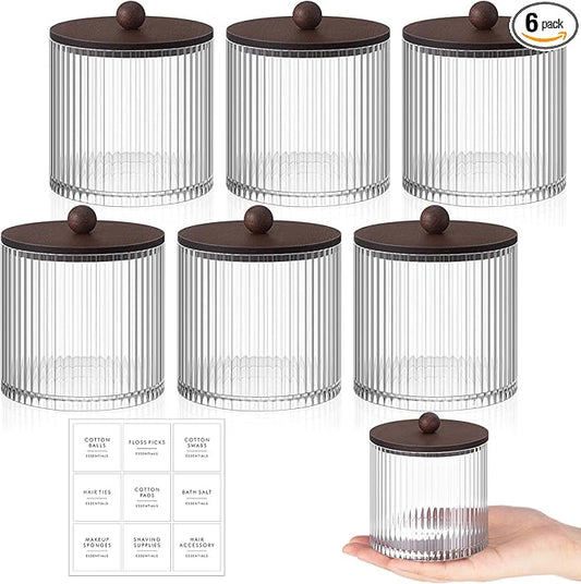 Yaomiao 6 Pcs Ribbed Bathroom Canisters Apothecary Jars with Brown Bamboo Lids and Label Stickers, 18 oz Plastic Canister with Fluted Design for Cotton Ball, Swab, Floss Picks House Storage