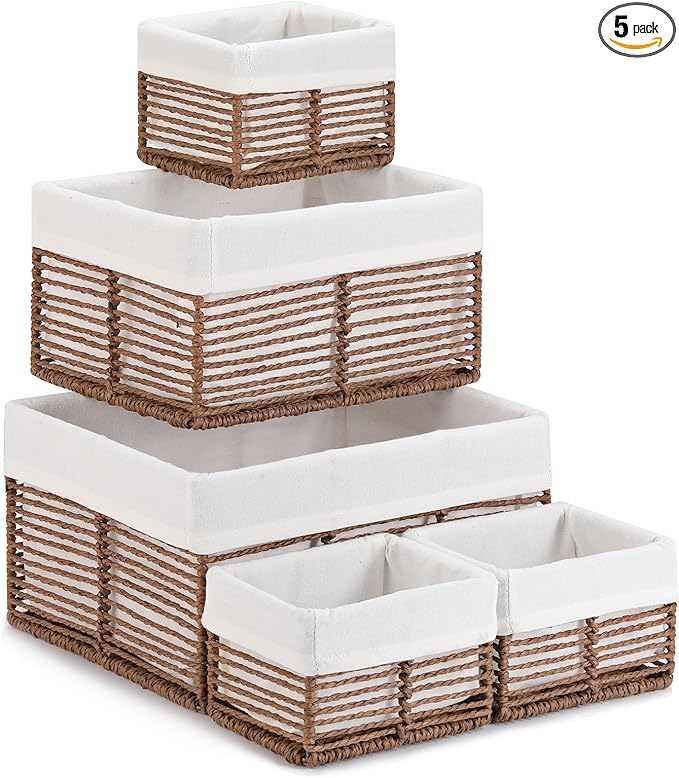 Vagusicc Wicker Storage Basket, Hand-Woven Paper Rope Woven Baskets, Rectangular Small Wicker Baskets for Organizing, Cube Storage Bins for Closet/Clothes/Dresser, Brown, 5-Pack