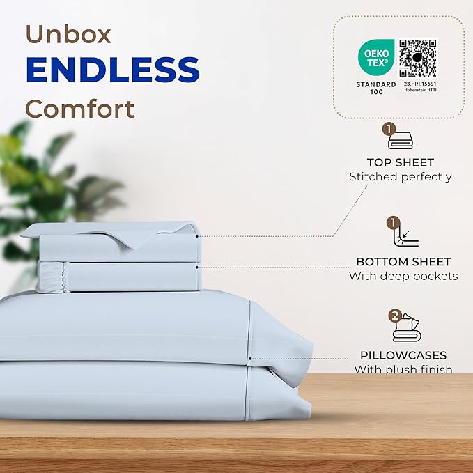 THREAD SPREAD 100% Egyptian Cotton Sheets Sets Full Size - 600 Thread Count Sheets 4 PC 16" Deep Pocket Full Size Sheets Set, High Thread Count Soft Cooling Sateen Hotel Luxury Sheets Set - Light Blue