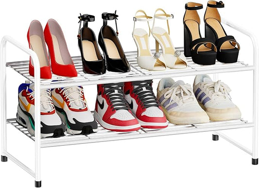 2 Tier Shoe Rack Closet, 27” Wide Stackable Metal Closet Shoe Shelf Organizer for Garage, Entryway, Heavy Duty, Black