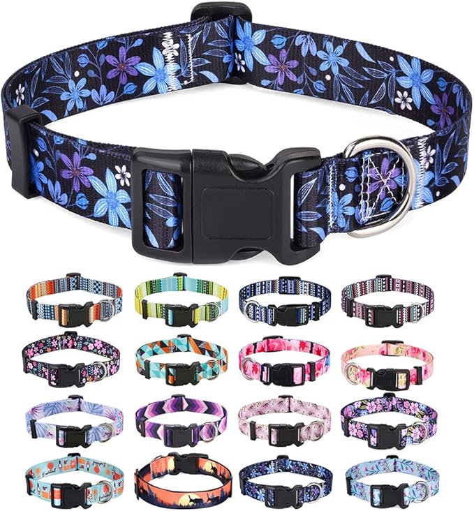 Dog Collar with Bohemia Floral Tribal Geometric Patterns - Soft Ethnic Style Collar Adjustable for Small Medium Large Dogs(Floral Blue,M)