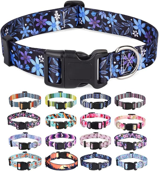 Dog Collar with Bohemia Floral Tribal Geometric Patterns - Soft Ethnic Style Collar Adjustable for Small Medium Large Dogs(Floral Blue,M)