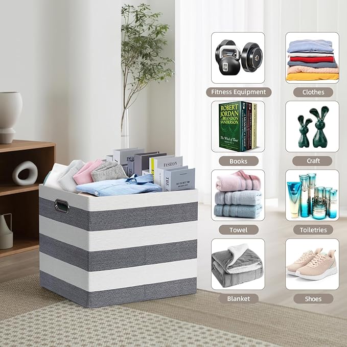 13x15x13 Storage Cube Bins, Foldable Storage Cubes, Fabric Organizer Basket Bin, Striped Containers Decorative Storage Boxes for Shelves Wardrobe Closet Home Office, 4 Pack, Black/White