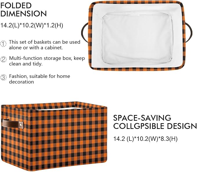 Halloween Thanksgiving Black Orange Plaid Large Storage Basket Cube Storage Bin Canvas Fabric Organizer Handles Collapsible Decorative for Clothes Toys Bedroom
