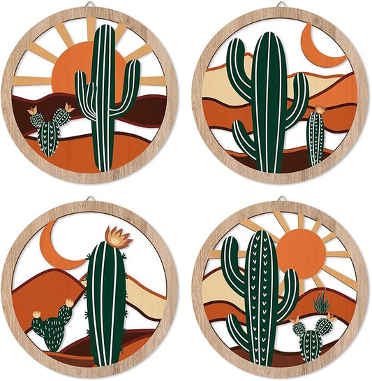 HPNIUB Boho Cactus Wall Decor, Rustic Desert Tropical Botanical Hanging Wood Sign for Living Room, Round Southwest Plant Wooden Plaque, Sun and Moon Wall Art for Apartment Office(10''x10'')