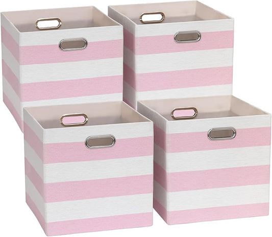 11x11 Cube Storage Bins, Collapsible Fabric Storage Cubes, Cubby Storage Organizer Bins Striped Container Baskets for Organizing Home Office Wardrobe Closet Shelf, Pack of 4, Pink/White