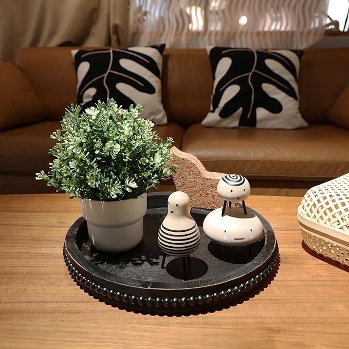Round Wooden Serving Tray with Beads, Circle Vintage Black Wood Coffe Table Tray for Dining Room Table Centerpiece, Kitchen Counter