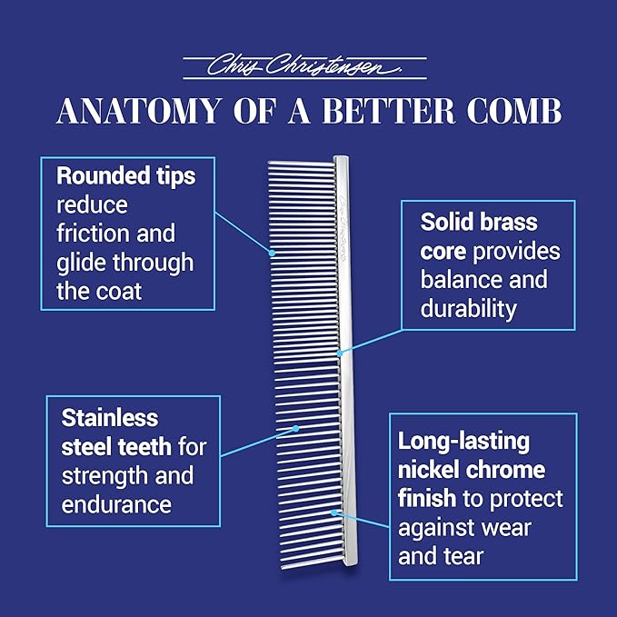 Chris Christensen 000 7.5 in. Greyhound Style Fine/Coarse Colored Butter Comb, Groom Like a Professional, Rounded Corners Prevent Friction and Breakage, Solid Brass with Steel Teeth, Chrome Finish